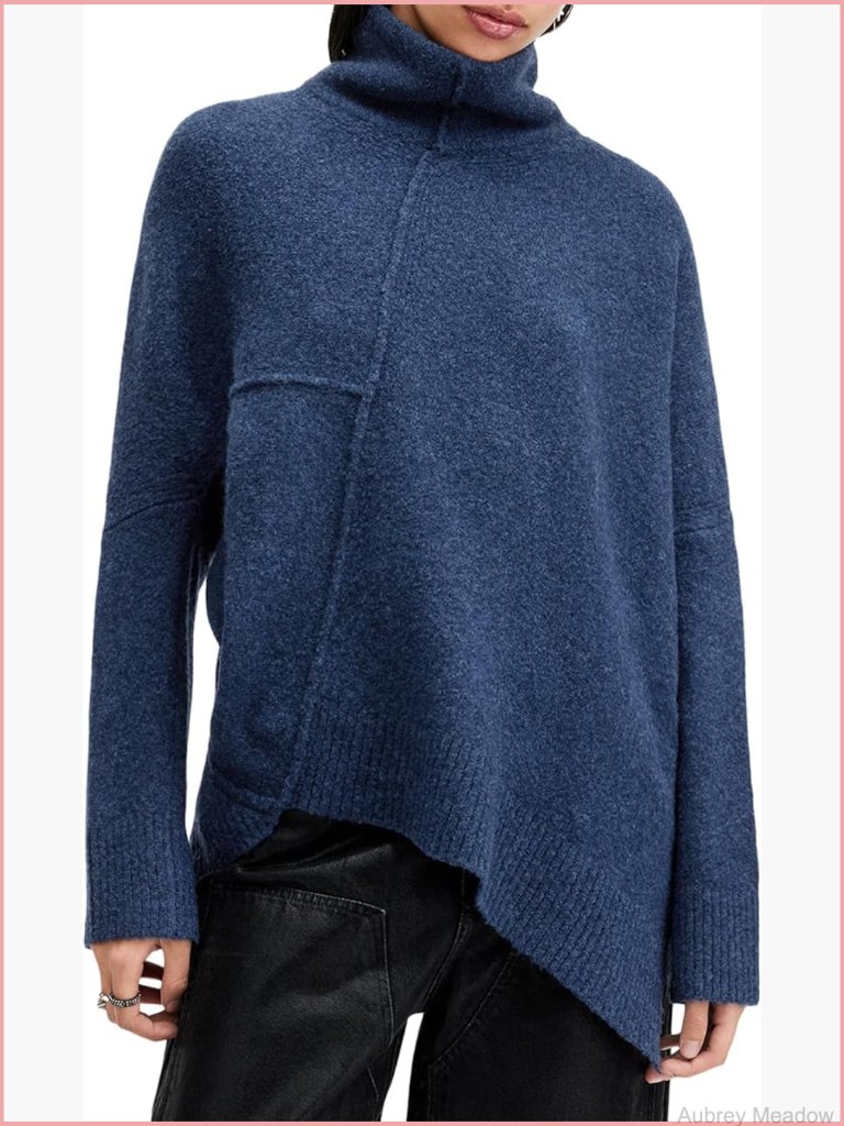 Wool Blend Roll Neck Long Sleeve Cardigan - Relaxed Fit